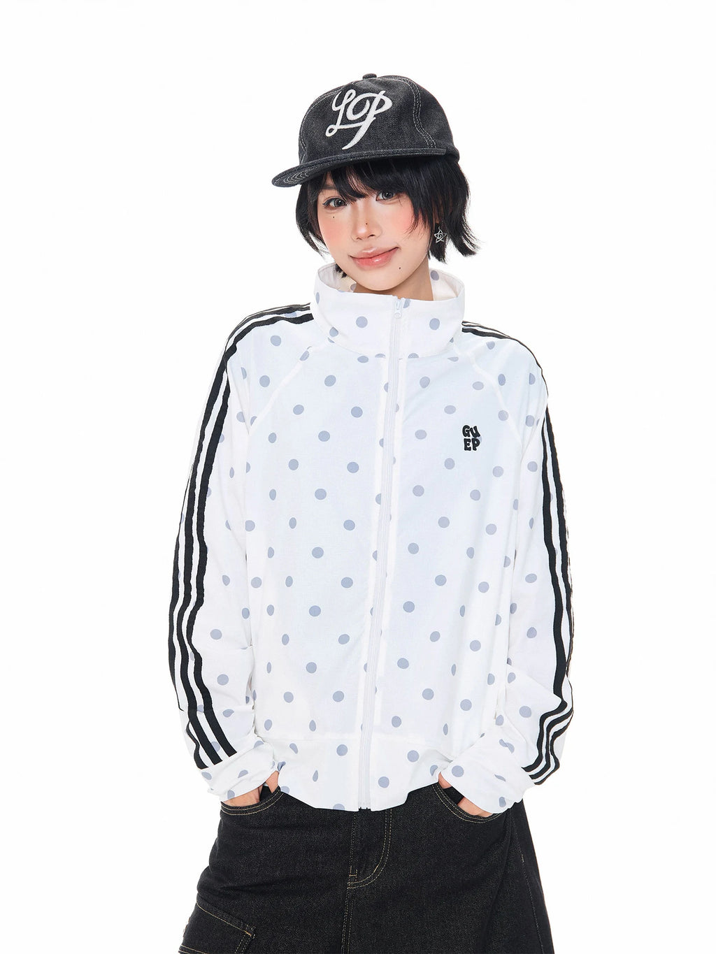 Polka Dot Ribbon Stand Collar Lightweight Jacket OL2313