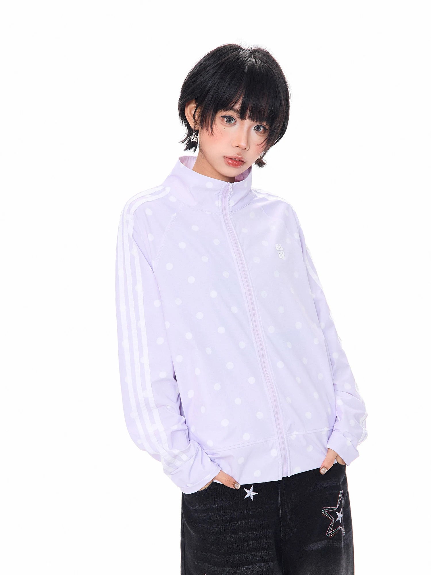 Polka Dot Ribbon Stand Collar Lightweight Jacket OL2313