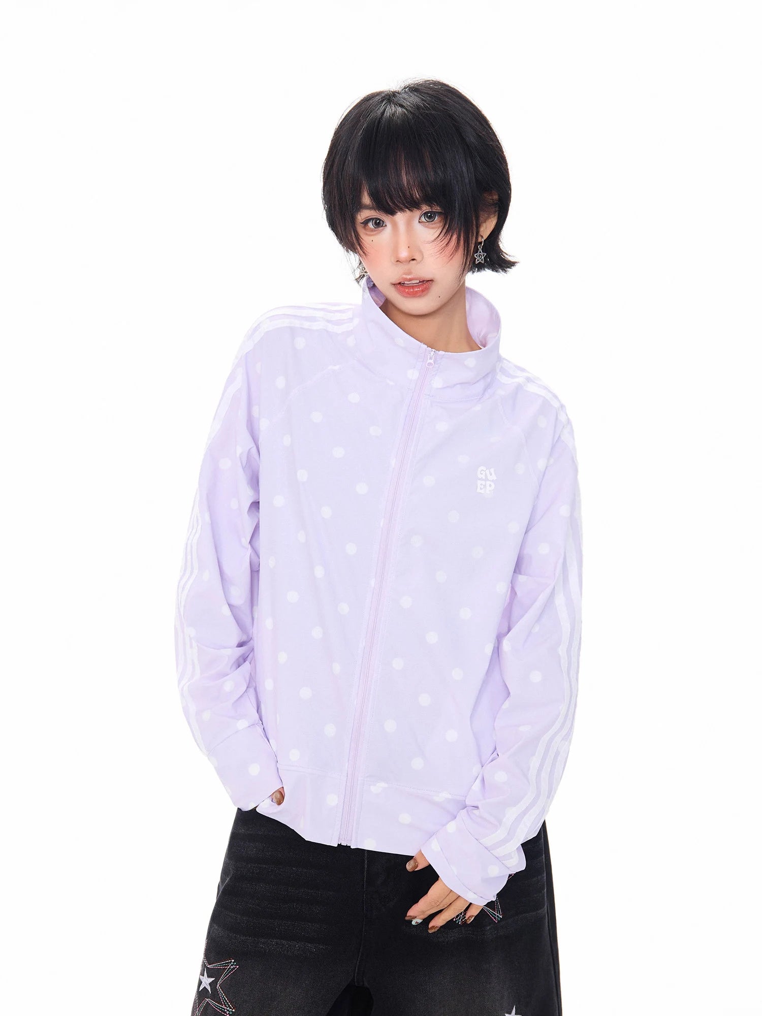 Polka Dot Ribbon Stand Collar Lightweight Jacket OL2313