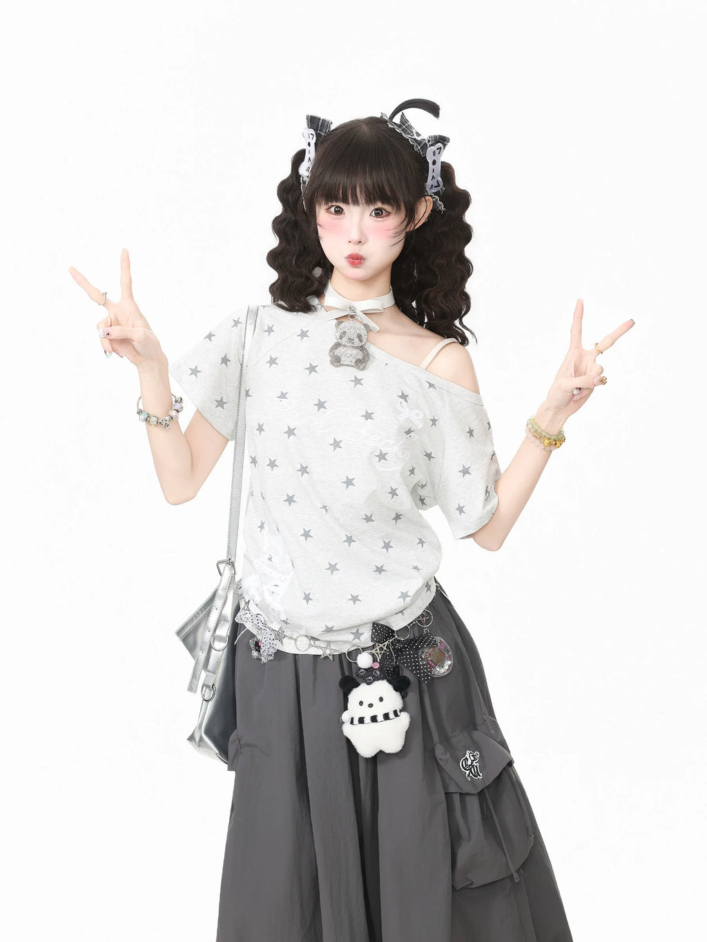 Star Cat Asymmetric Shoulder Off Shoulder Tee OL2317