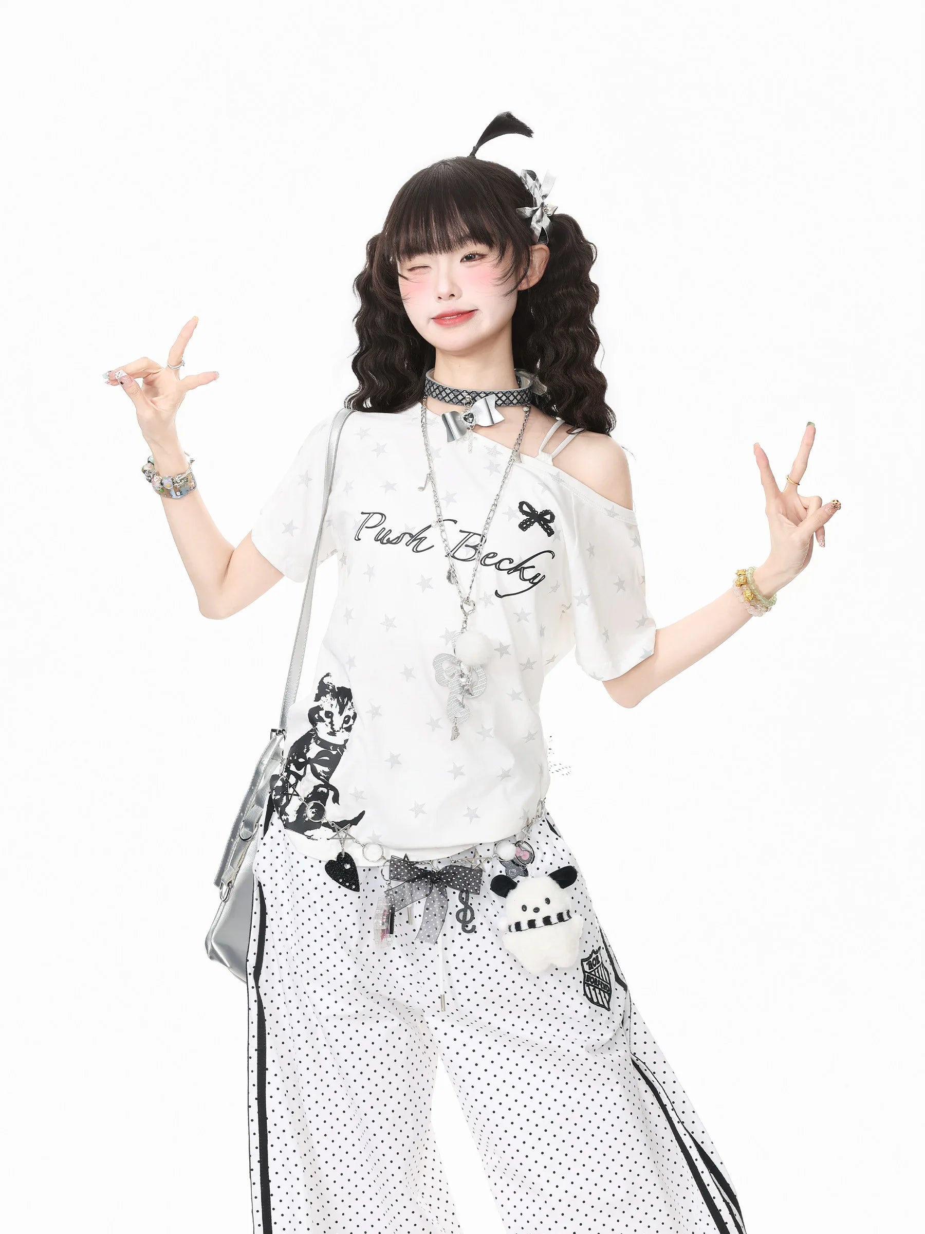 Star Cat Asymmetric Shoulder Off Shoulder Tee OL2317