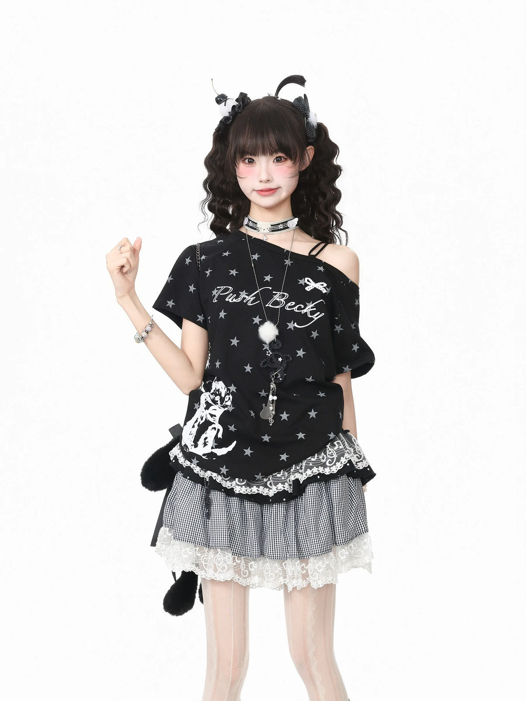 Star Cat Asymmetric Shoulder Off Shoulder Tee oliviroa オリヴィオラ