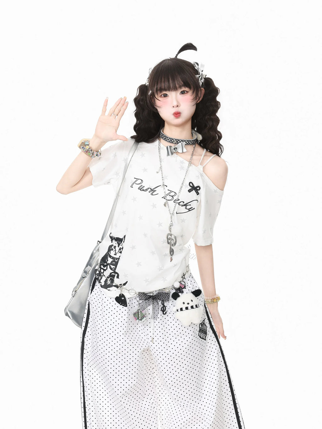 Star Cat Asymmetric Shoulder Off Shoulder Tee OL2317