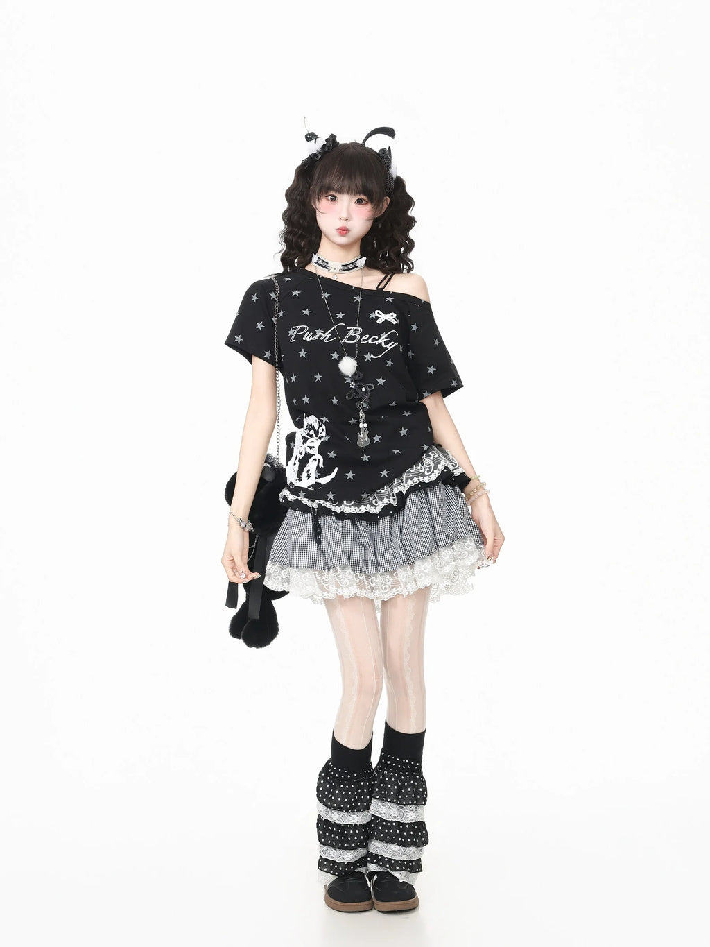 Star Cat Asymmetric Shoulder Off Shoulder Tee OL2317