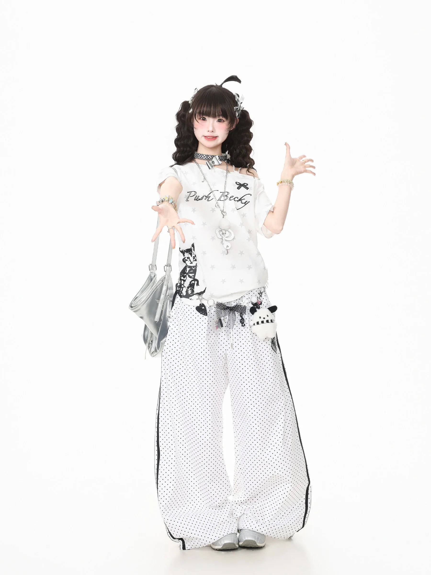Star Cat Asymmetric Shoulder Off Shoulder Tee OL2317