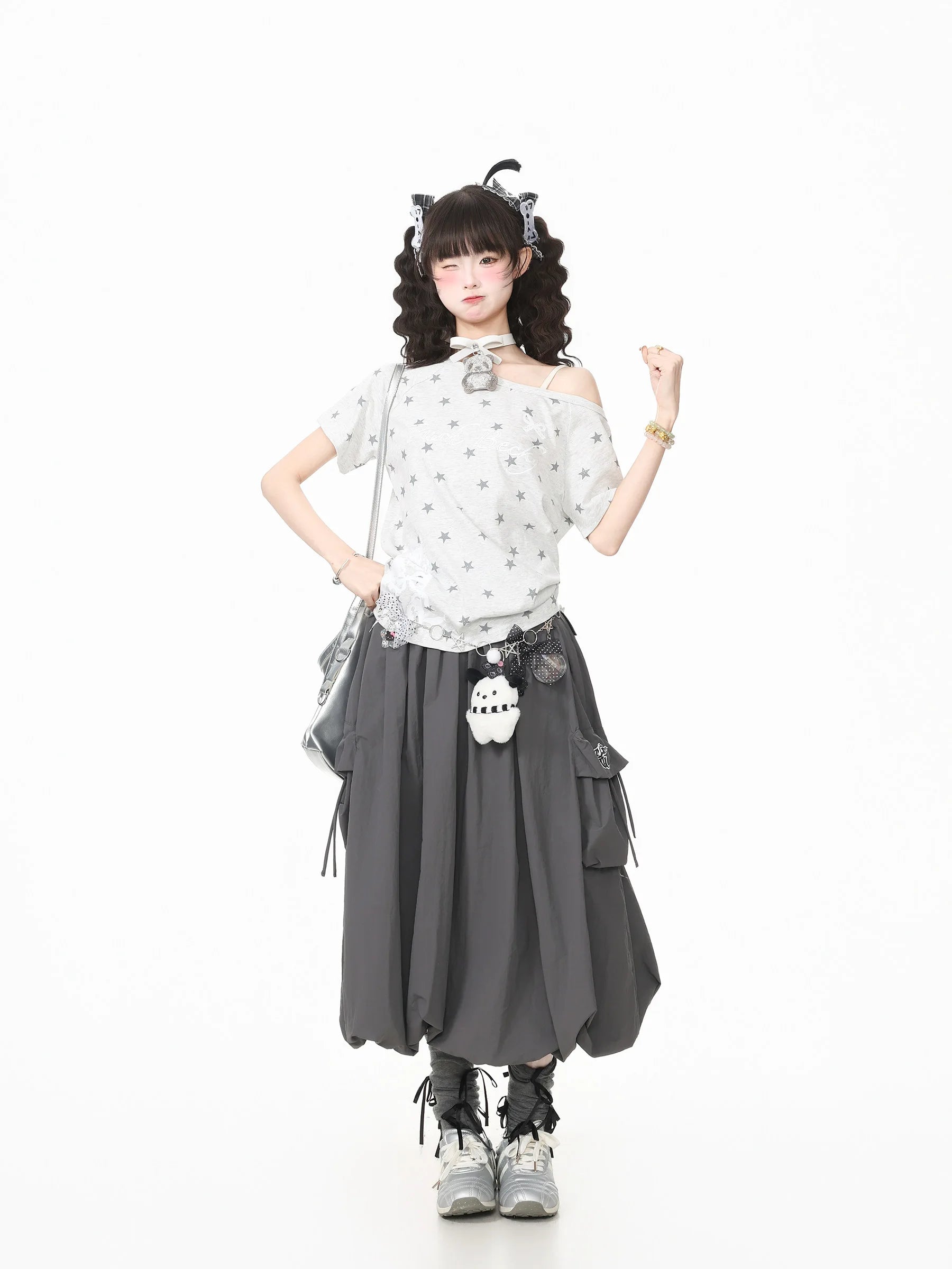 Star Cat Asymmetric Shoulder Off Shoulder Tee OL2317