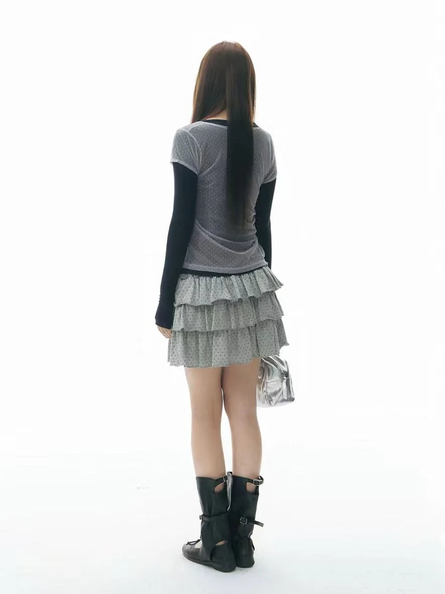 Polka Dot Mesh Layered Top OL2342