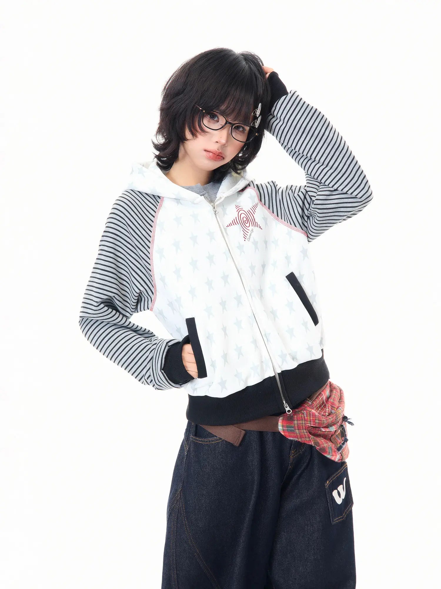 Star Embroidered Stripe Cropped Hoodie OL2384
