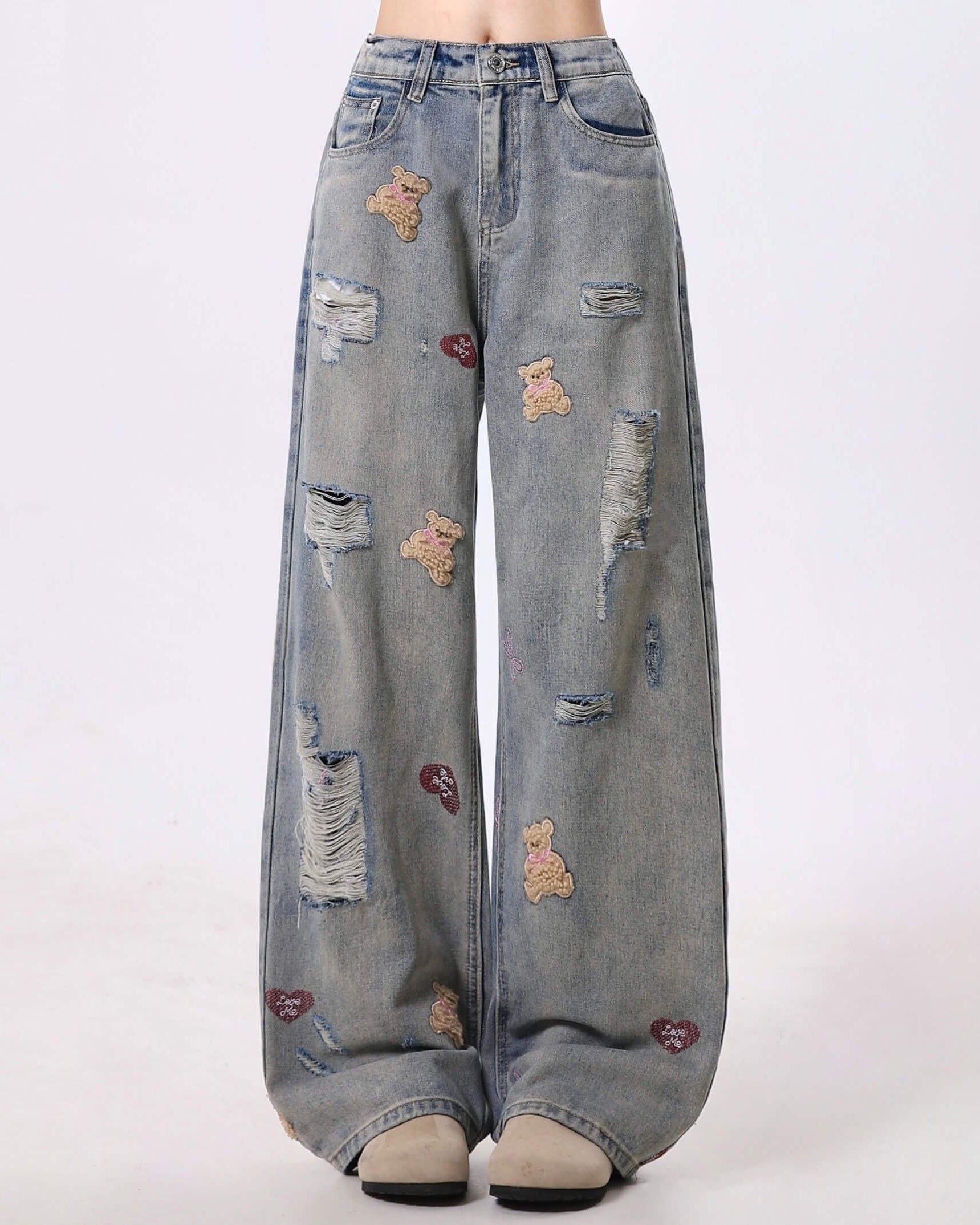 Distressed x Bear Embroidery Wide Denim – Oliviora