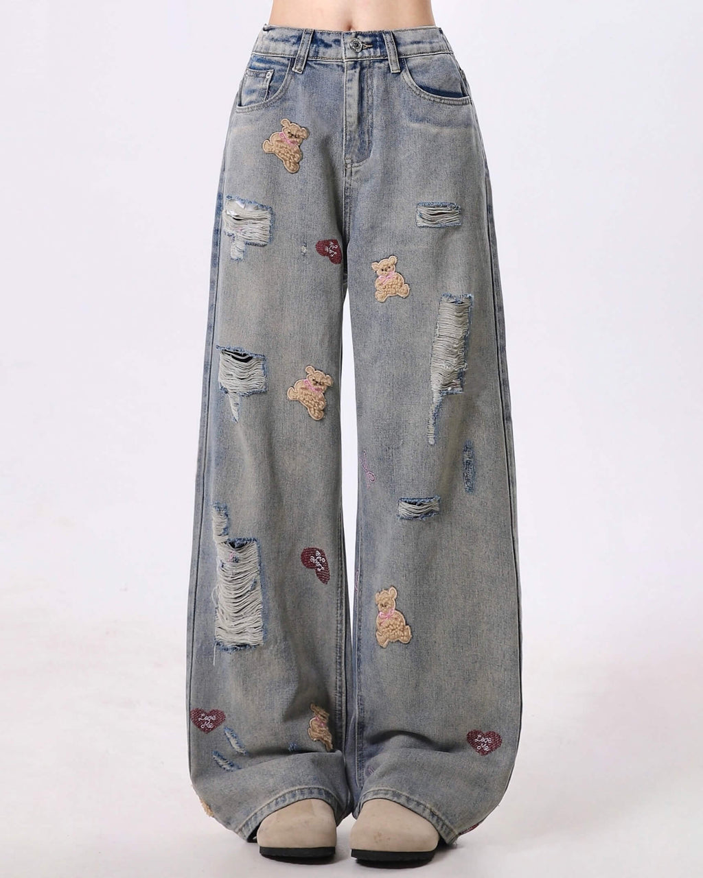 Distressed Embroid Distressed x Bear Embroidery Wide Denim – Oliviora