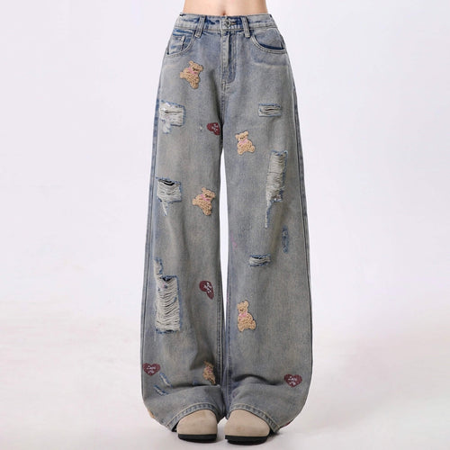 Bear-Embroidered Distressed Wide Jeans