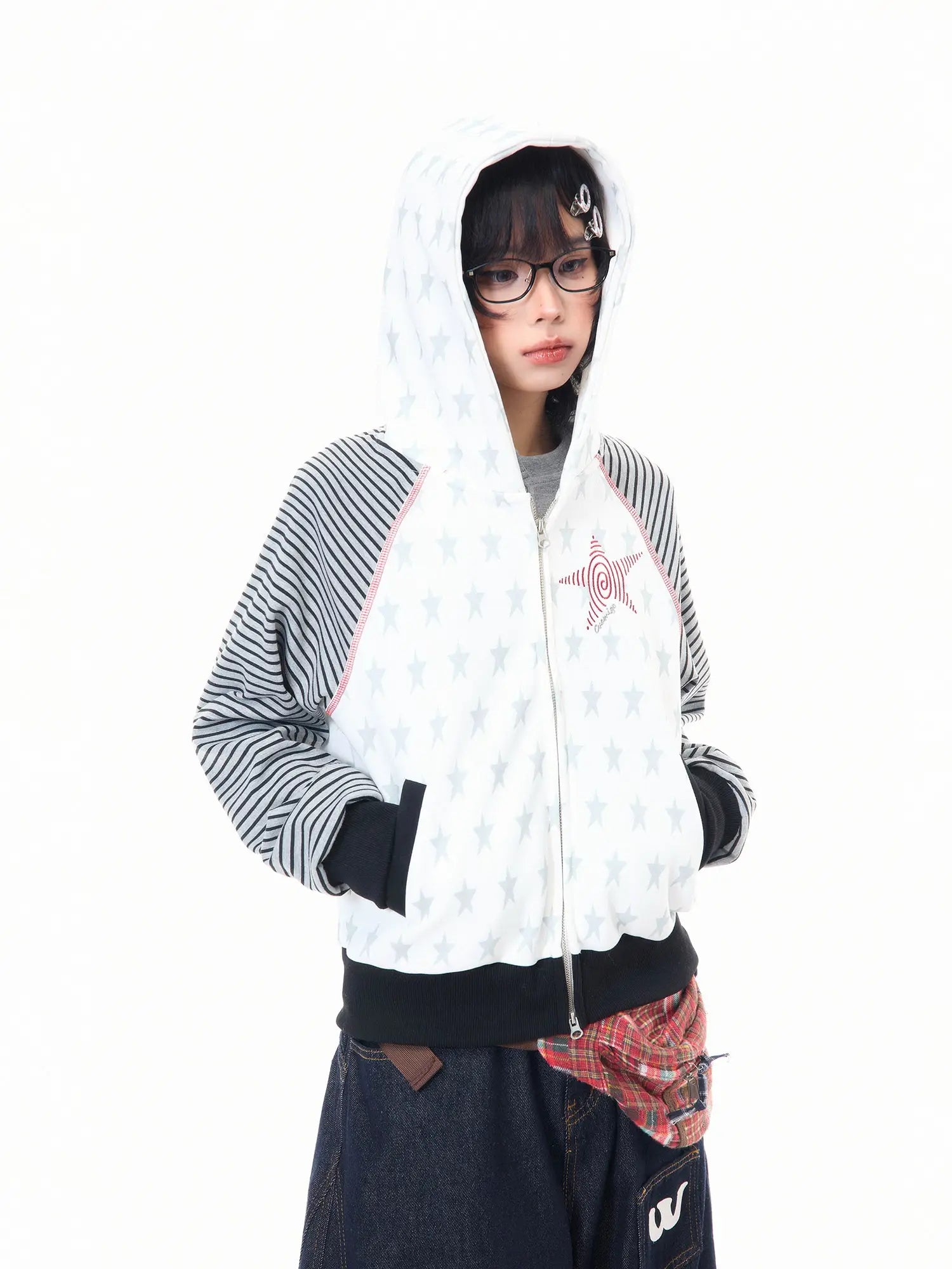 Star Embroidered Stripe Cropped Hoodie OL2384