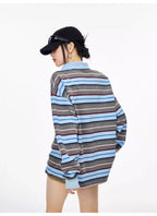 Striped Long Sleeve Polo Top with Contrast Panels   OL1993