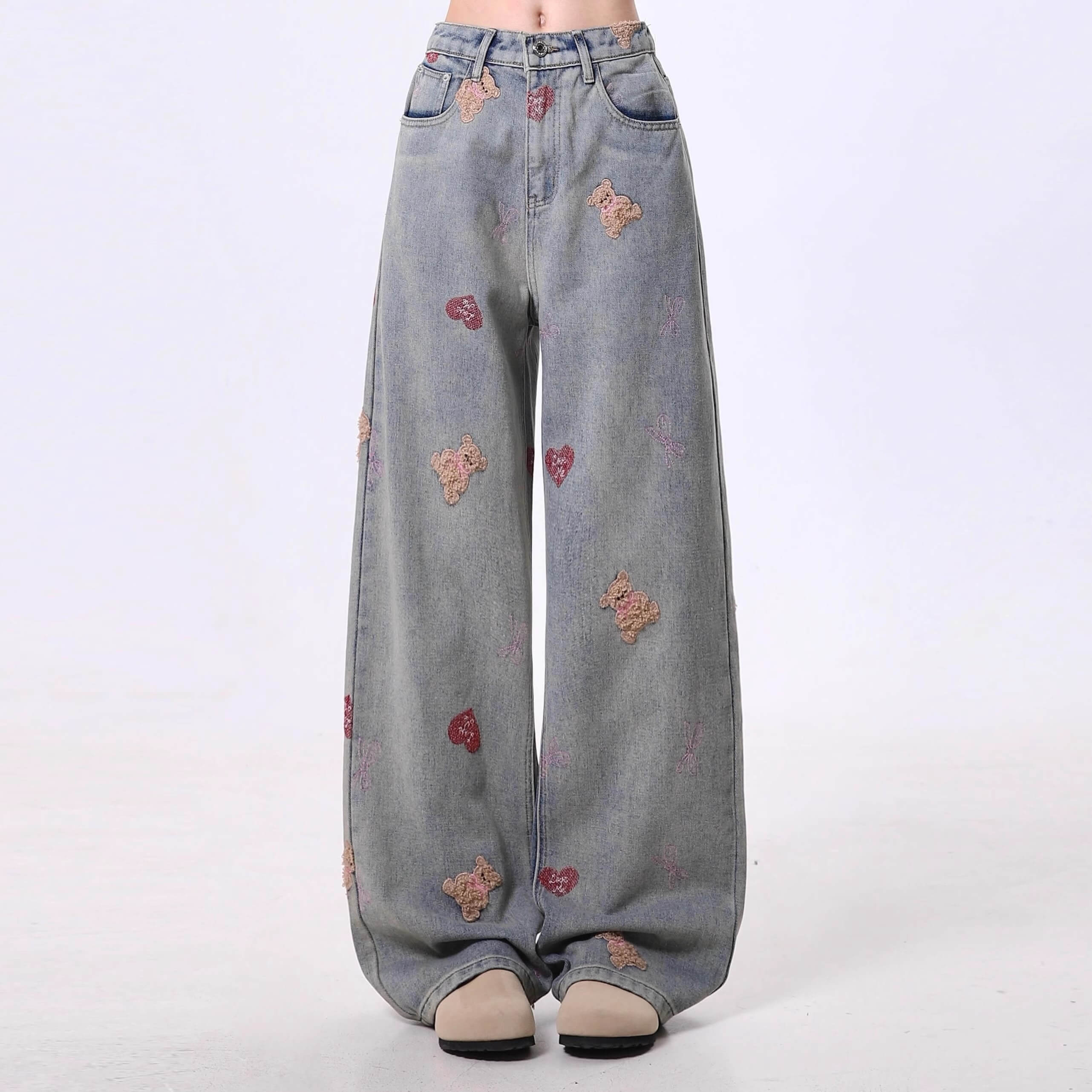 ダメージ加工×ベア刺繍 ワイドデニム