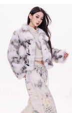 Plush Faux Fur Knit Jacket in Soft Grey   OL1990
