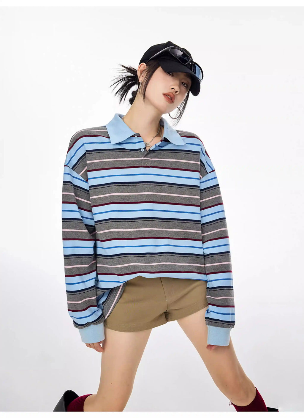 Striped Long Sleeve Polo Top with Contrast Panels   OL1993