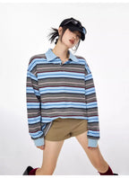 Striped Long Sleeve Polo Top with Contrast Panels   OL1993