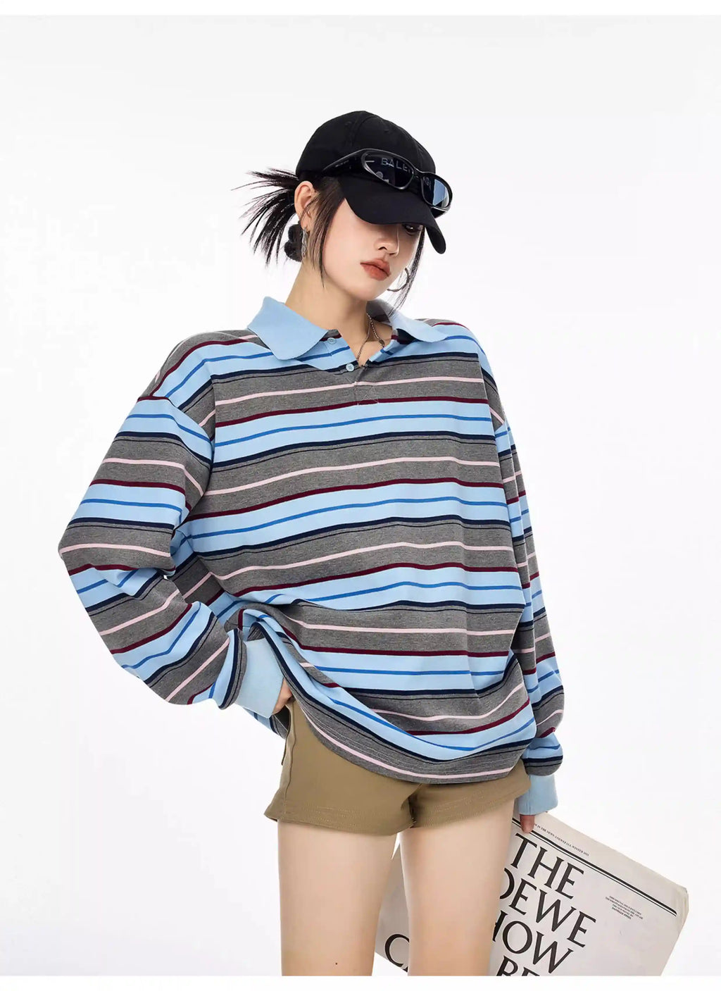 Striped Long Sleeve Polo Top with Contrast Panels   OL1993