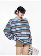 Striped Long Sleeve Polo Top with Contrast Panels   OL1993