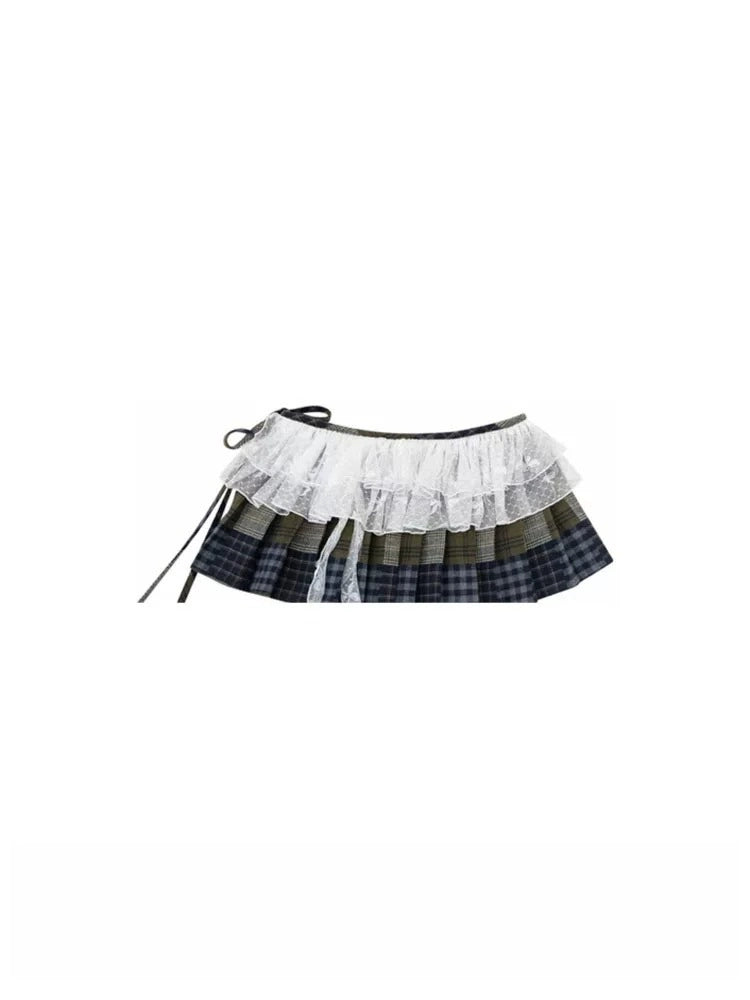 Patchwork Plaid Lace Wrap Skirt OLA041