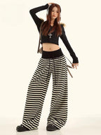 Striped High Waist Drawstring Wide Leg Lounge Pants  oliviroa オリヴィオラ