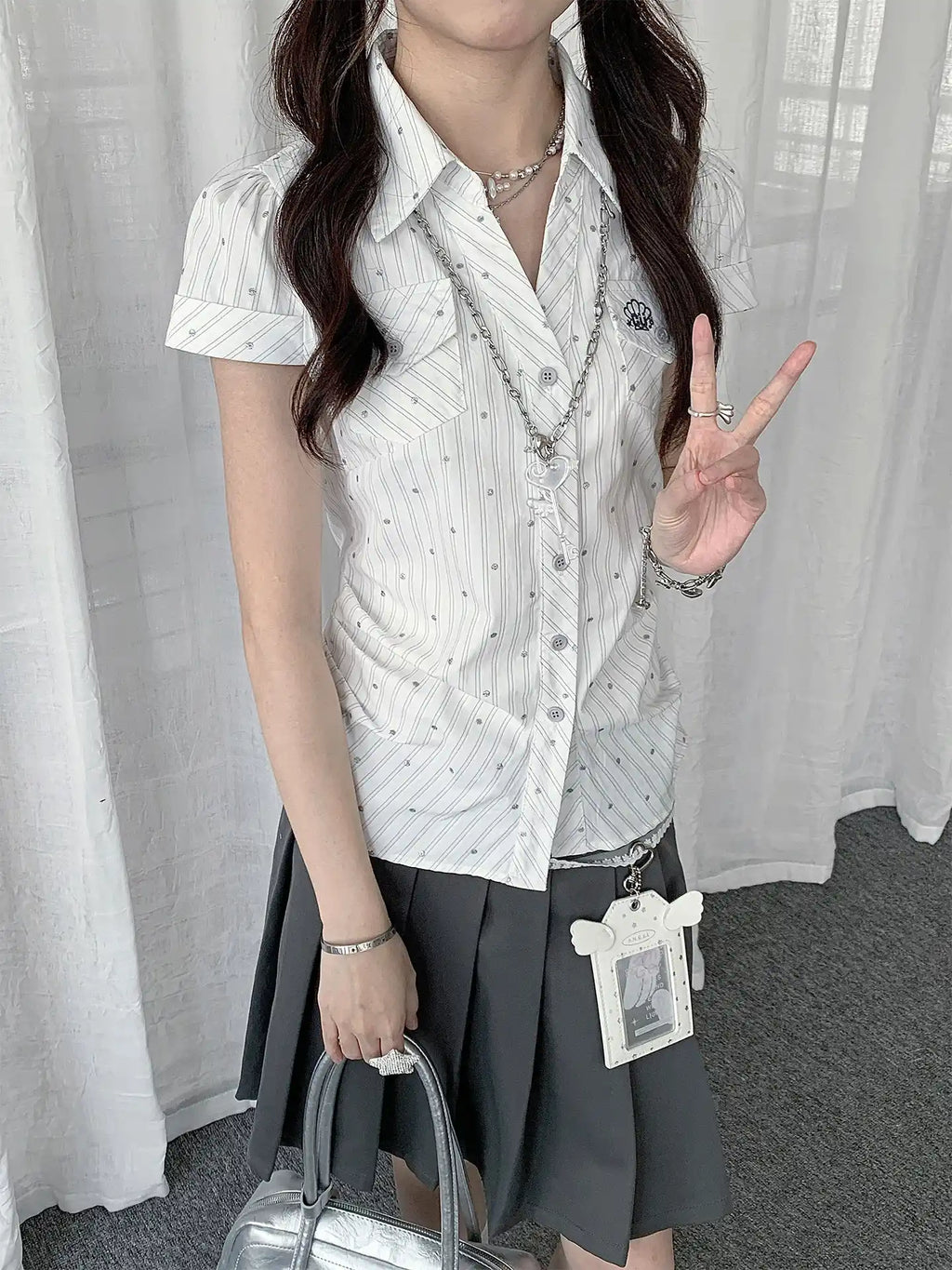 Polka Dot Stripe Slim Fit Shirt oliviroa オリヴィオラ