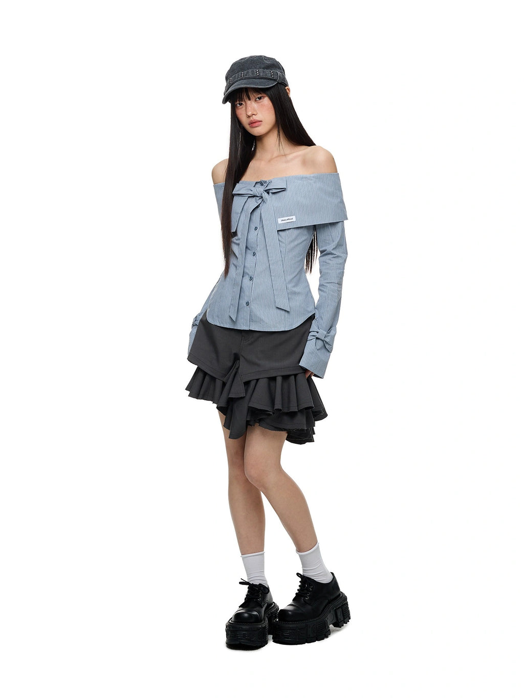 Off Shoulder Bow Tie Waist Fitted Shirt oliviroa オリヴィオラ
