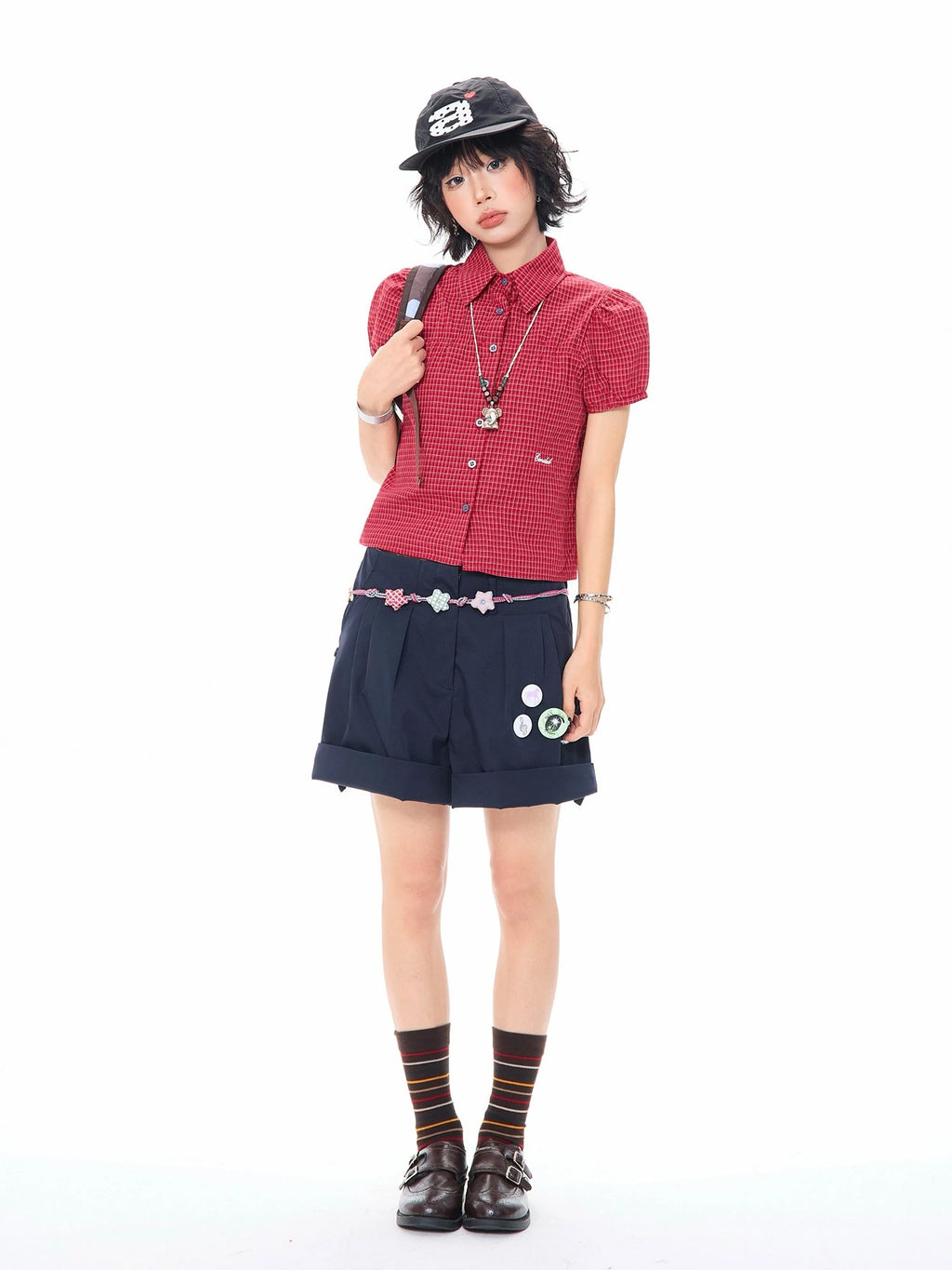 Blue Gingham Puff Sleeve Crop Shirt OL2319