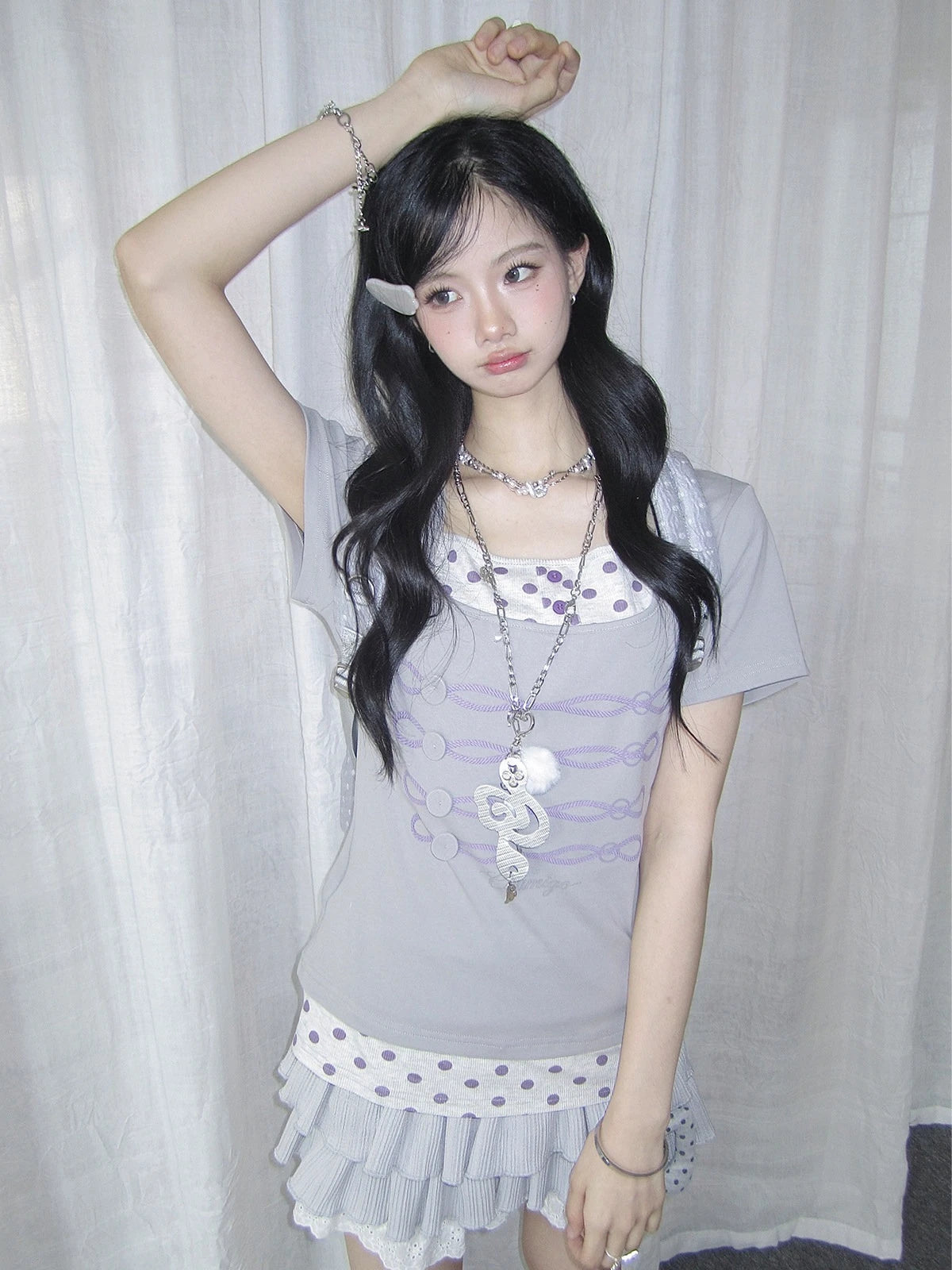 Polka Dot Faux Layered Button Tee Y2K oliviroa オリヴィオラ