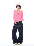 Pink Stripe U-Neck Long-Sleeve T-Shirt OL2382