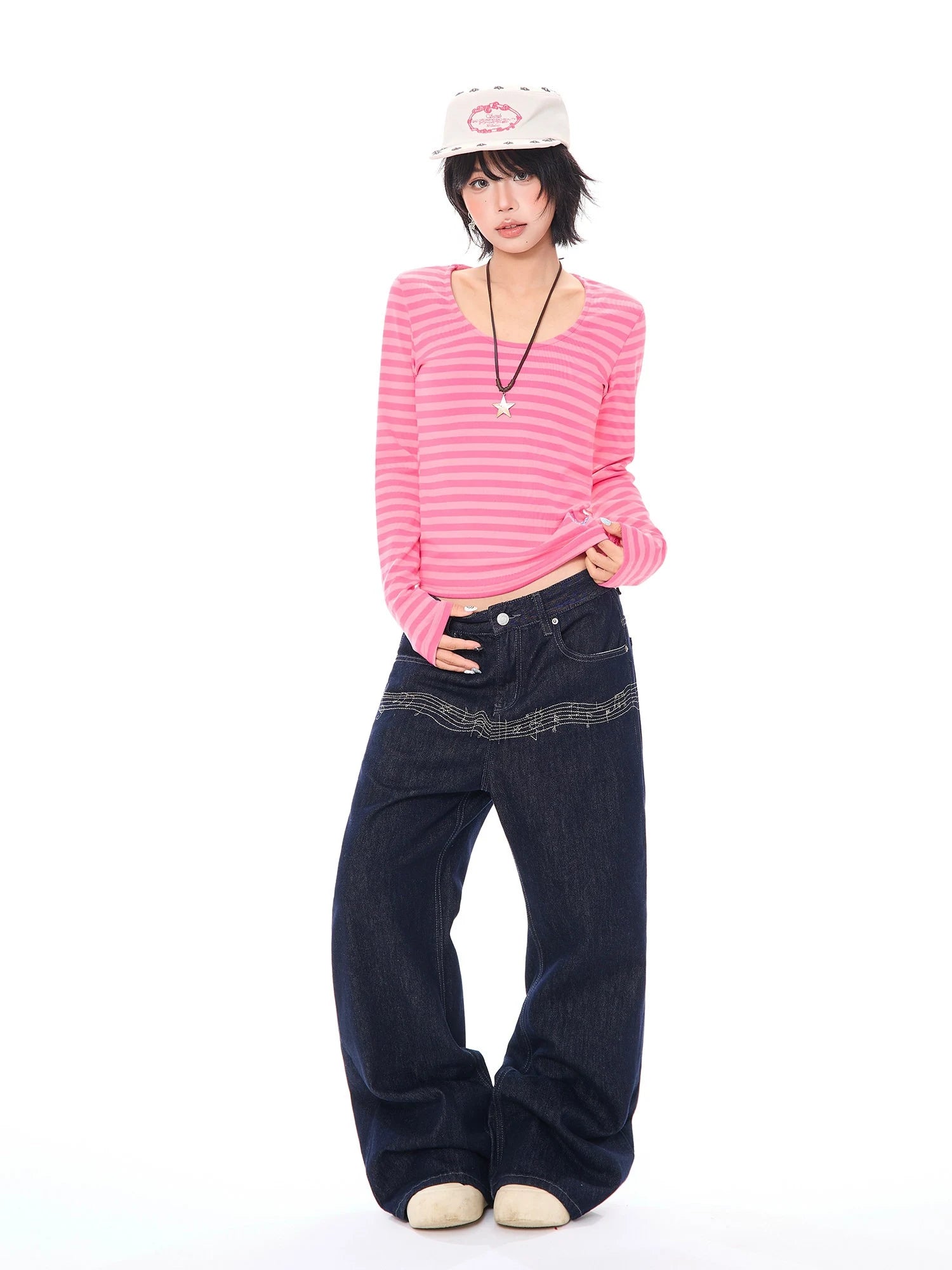Pink Stripe U Neck Long Sleeve T Shirt OL2382