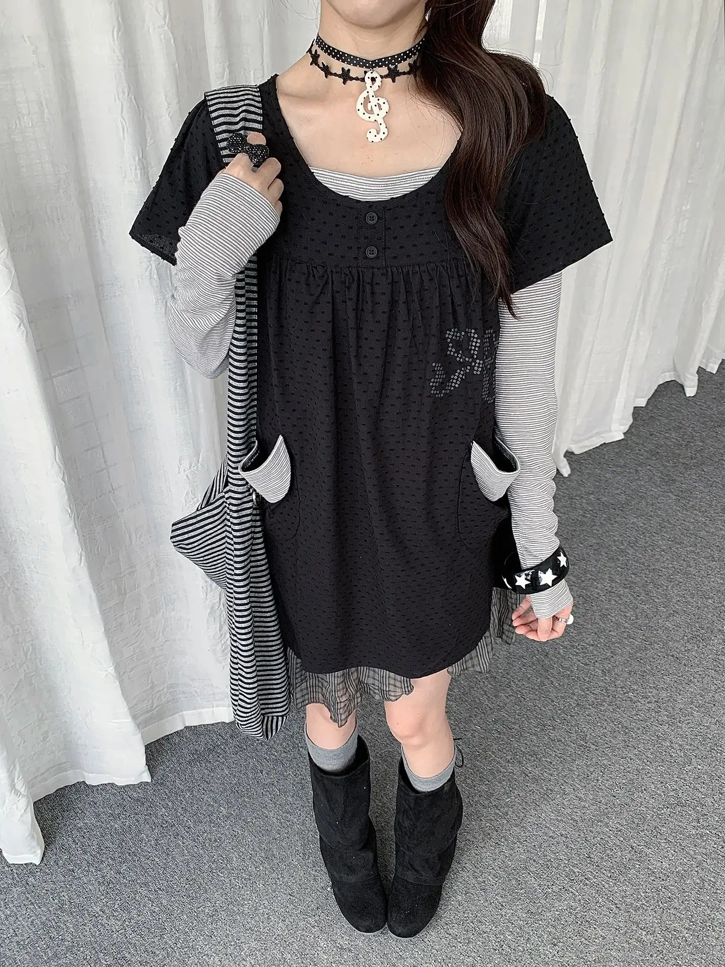 Polka Dot Layered Mesh Hem Dress OL2386