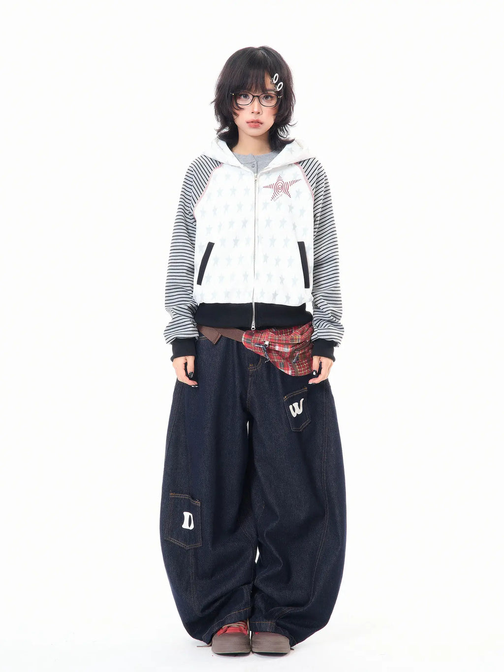 Star Embroidered Stripe Cropped Hoodie OL2384