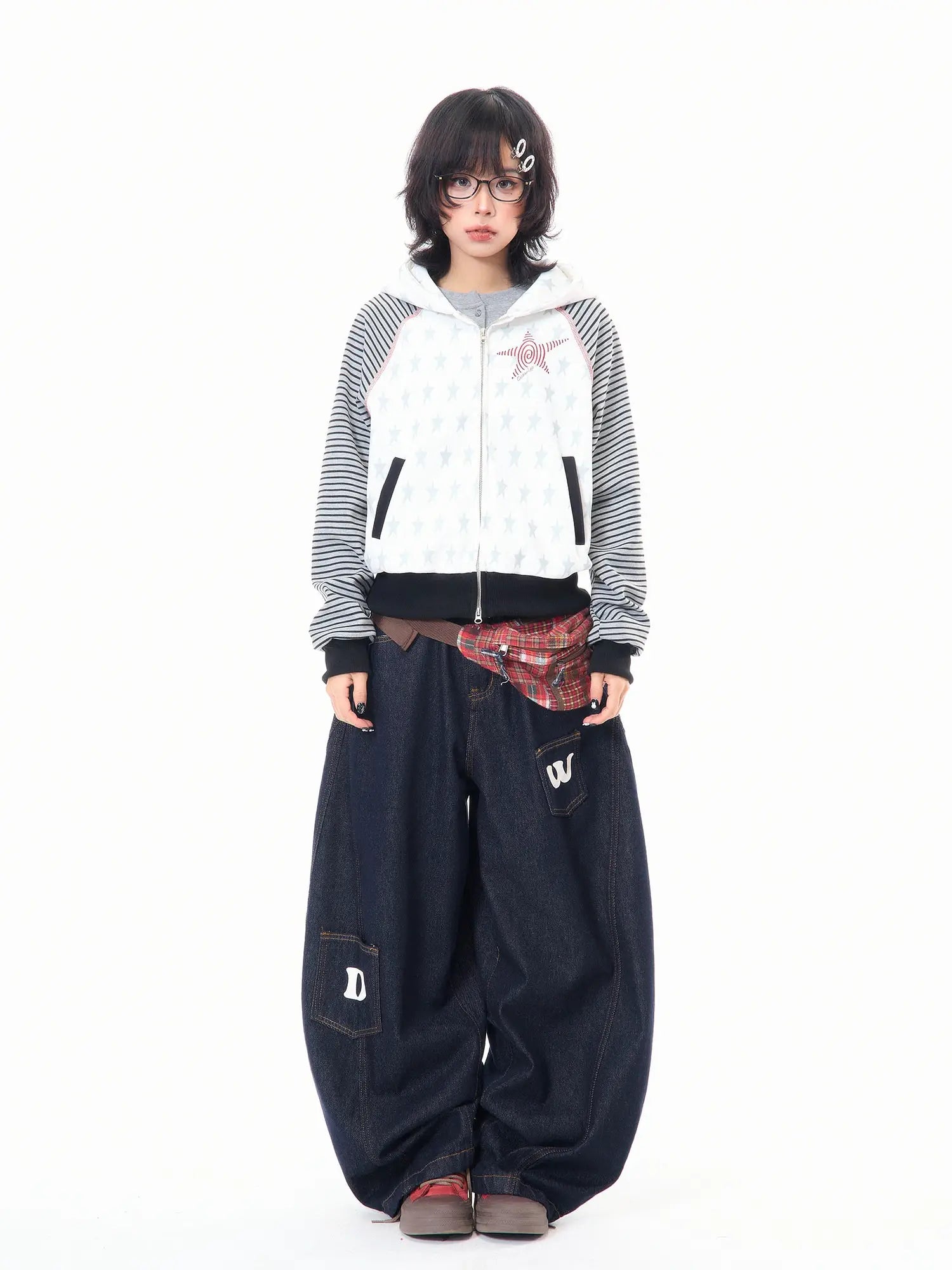 Star Embroidered Stripe Cropped Hoodie OL2384