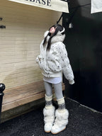 Star Embossed Detachable Fur Collar Puffer OL2445