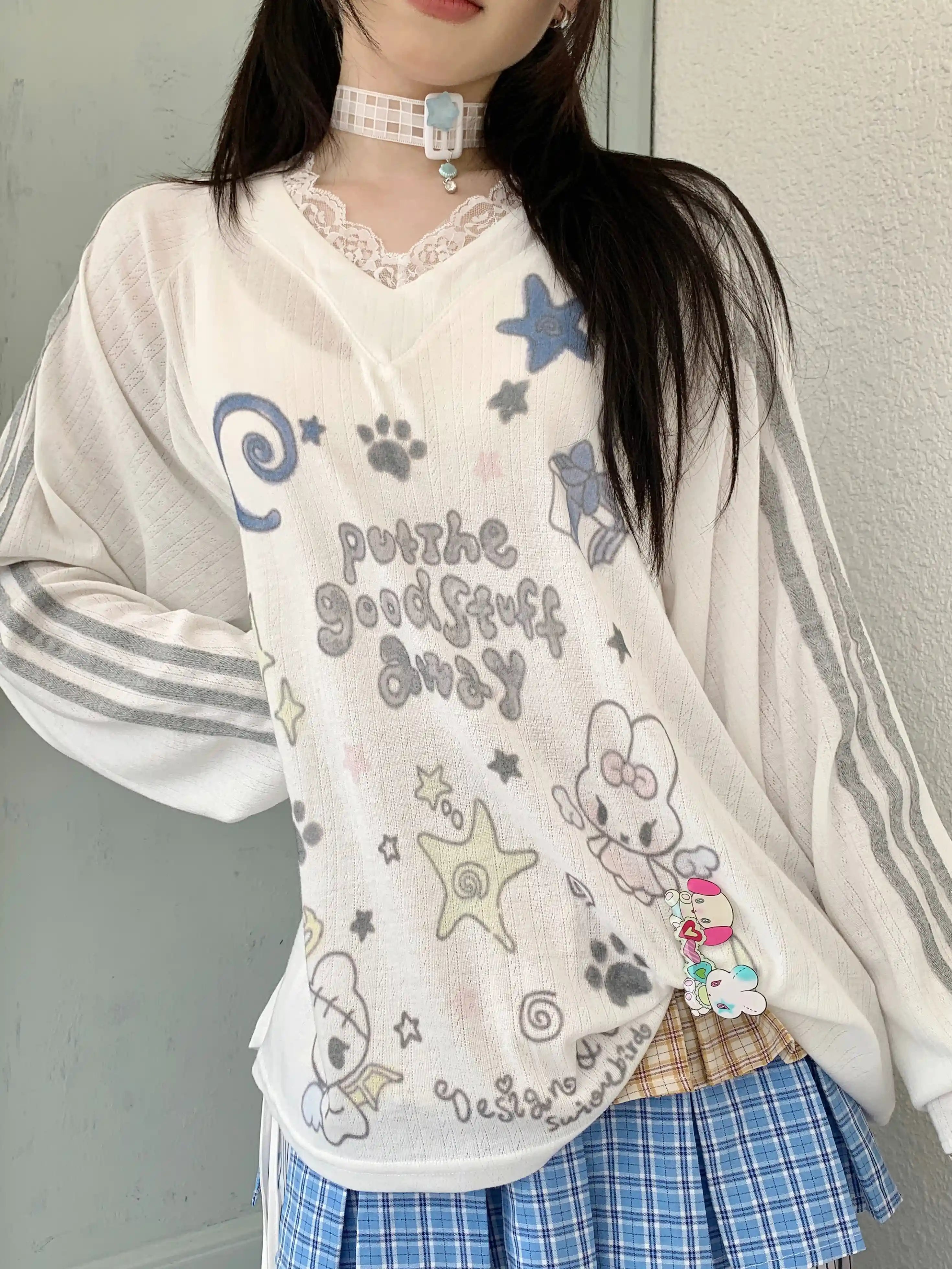 Cute Cartoon Lace V-Neck Long Sleeve Tee OL2279