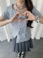 Irregular Collar Check Short Sleeve Blouse OL2290