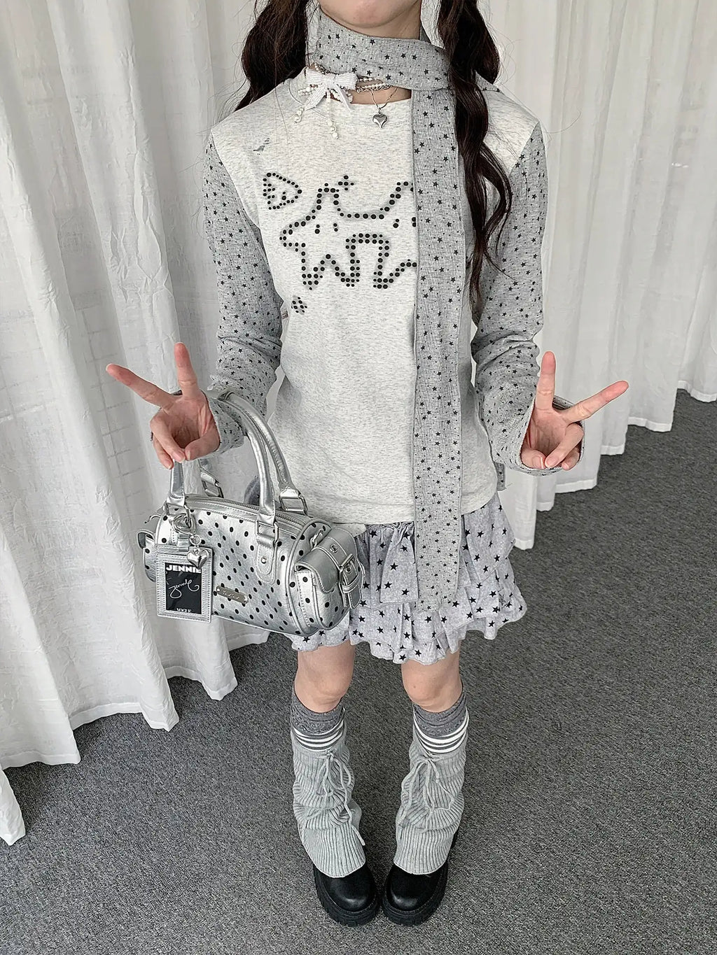 Polka Dot Scarf Neck Fitted Long Sleeve Tee OL2387