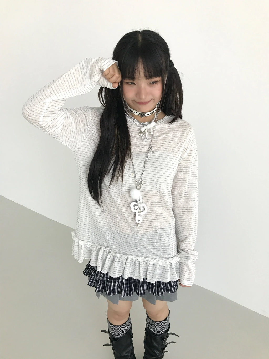 Sheer Embroidered Stripe Long Sleeve Top oliviroa オリヴィオラ