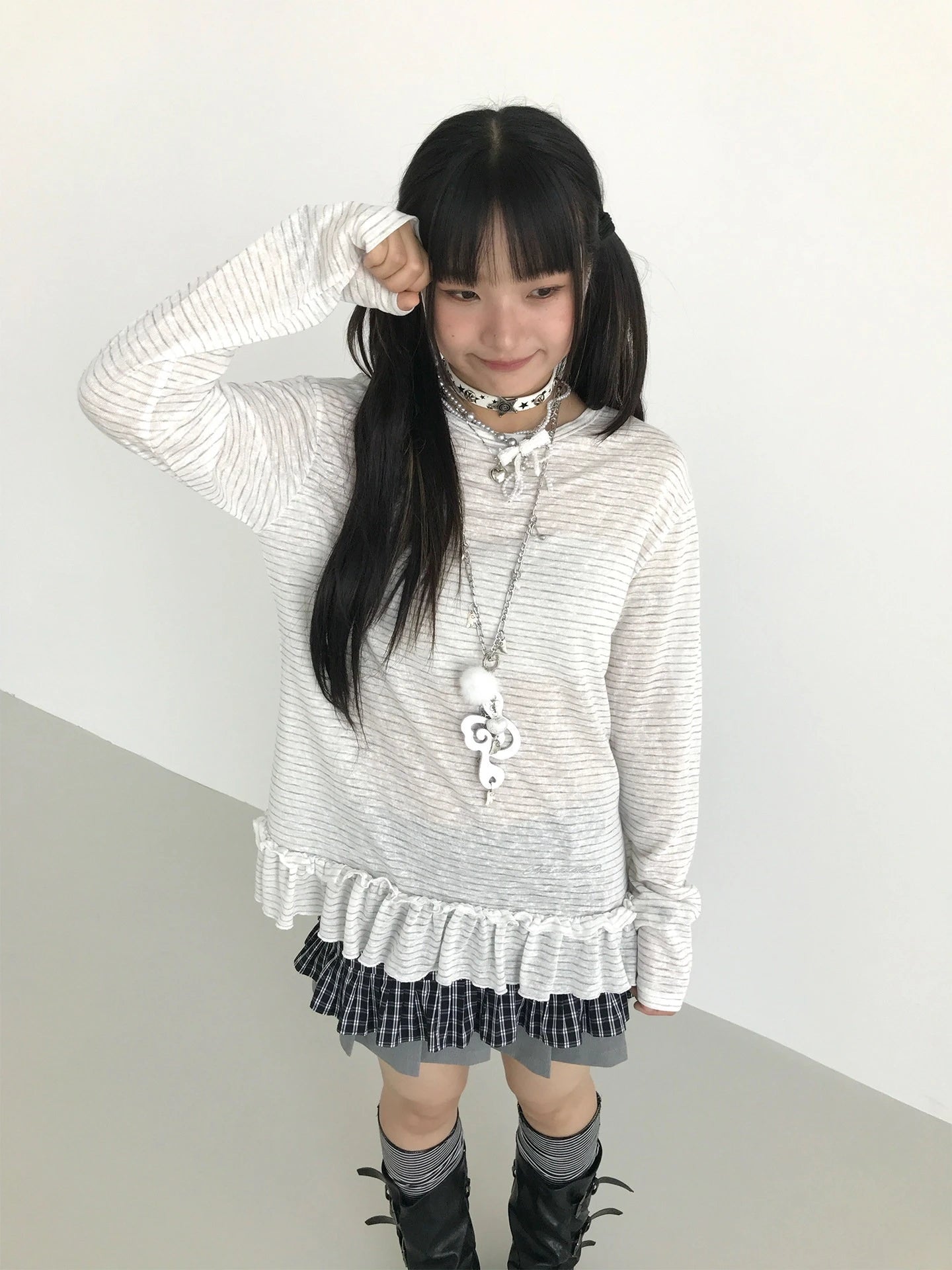 Sheer Embroidered Stripe Long Sleeve Top oliviroa オリヴィオラ