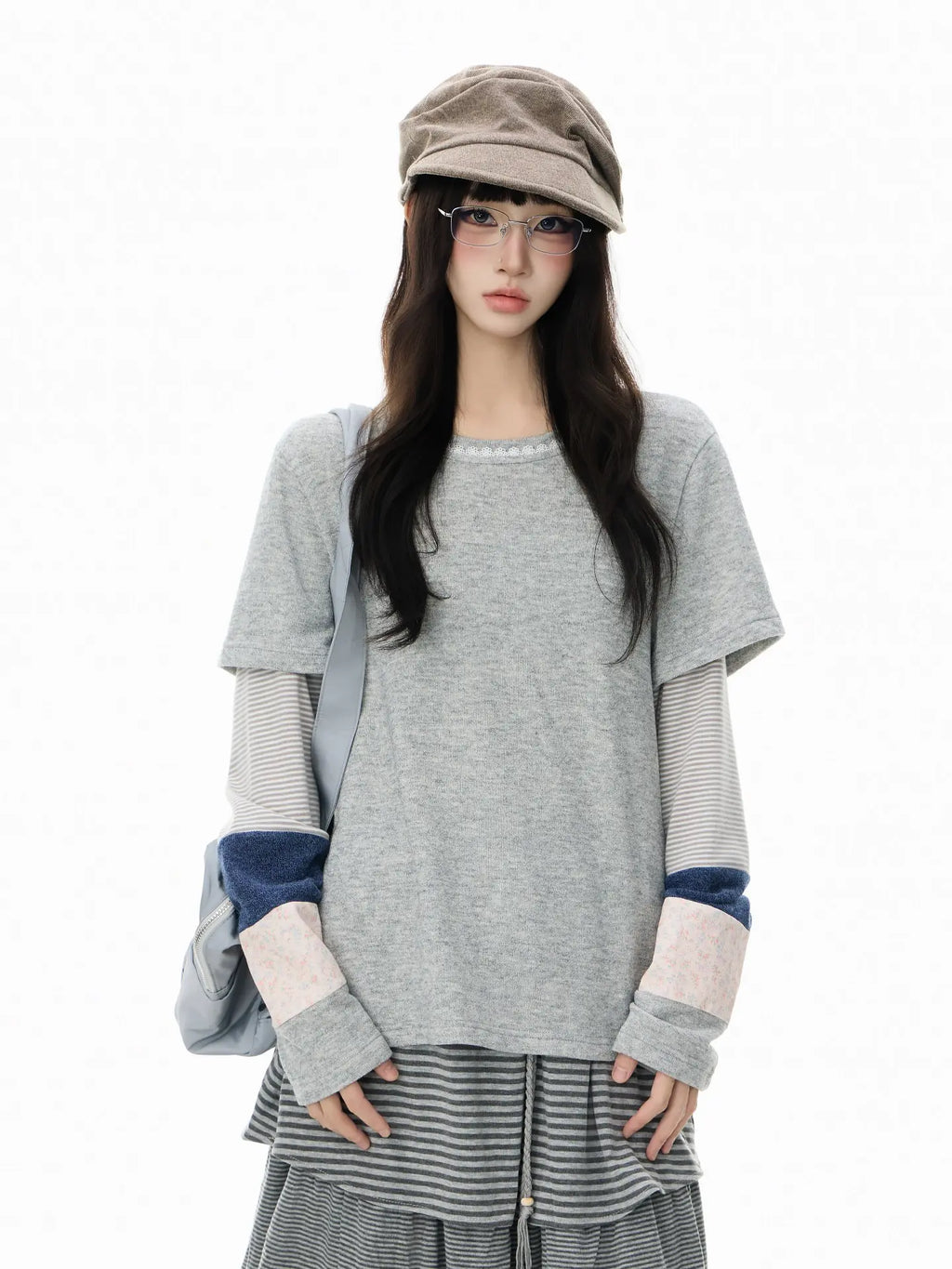 Grey Lace Patchwork Layered Long Sleeve Tee oliviroa オリヴィオラ