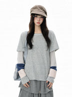 Grey Lace Patchwork Layered Long Sleeve Tee oliviroa オリヴィオラ