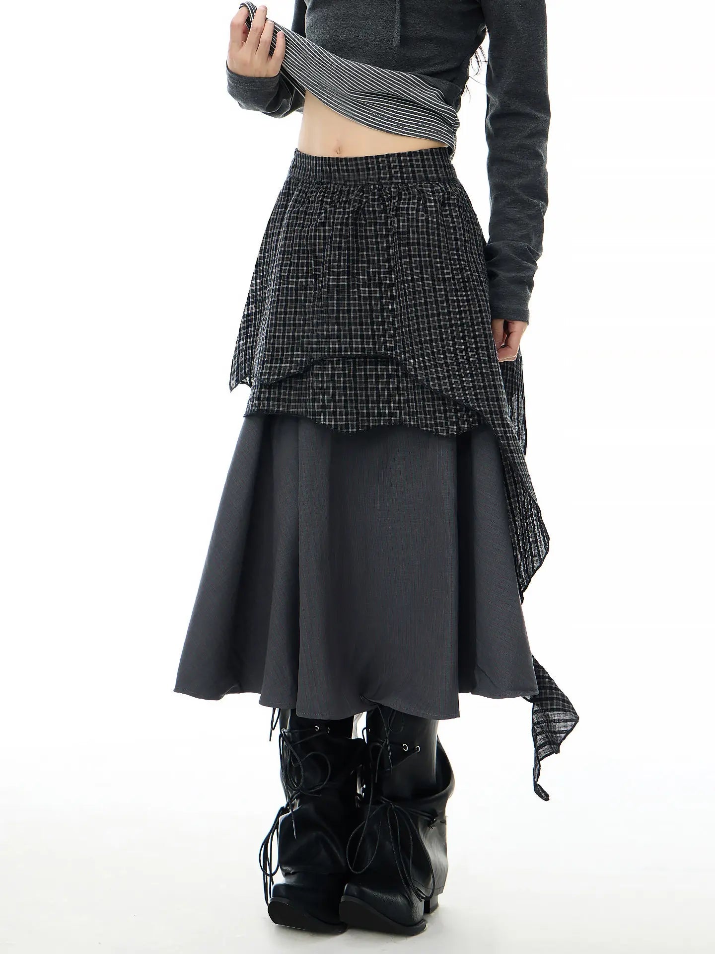 Asymmetric Plaid Layered Maxi Skirt oliviroa オリヴィオラ