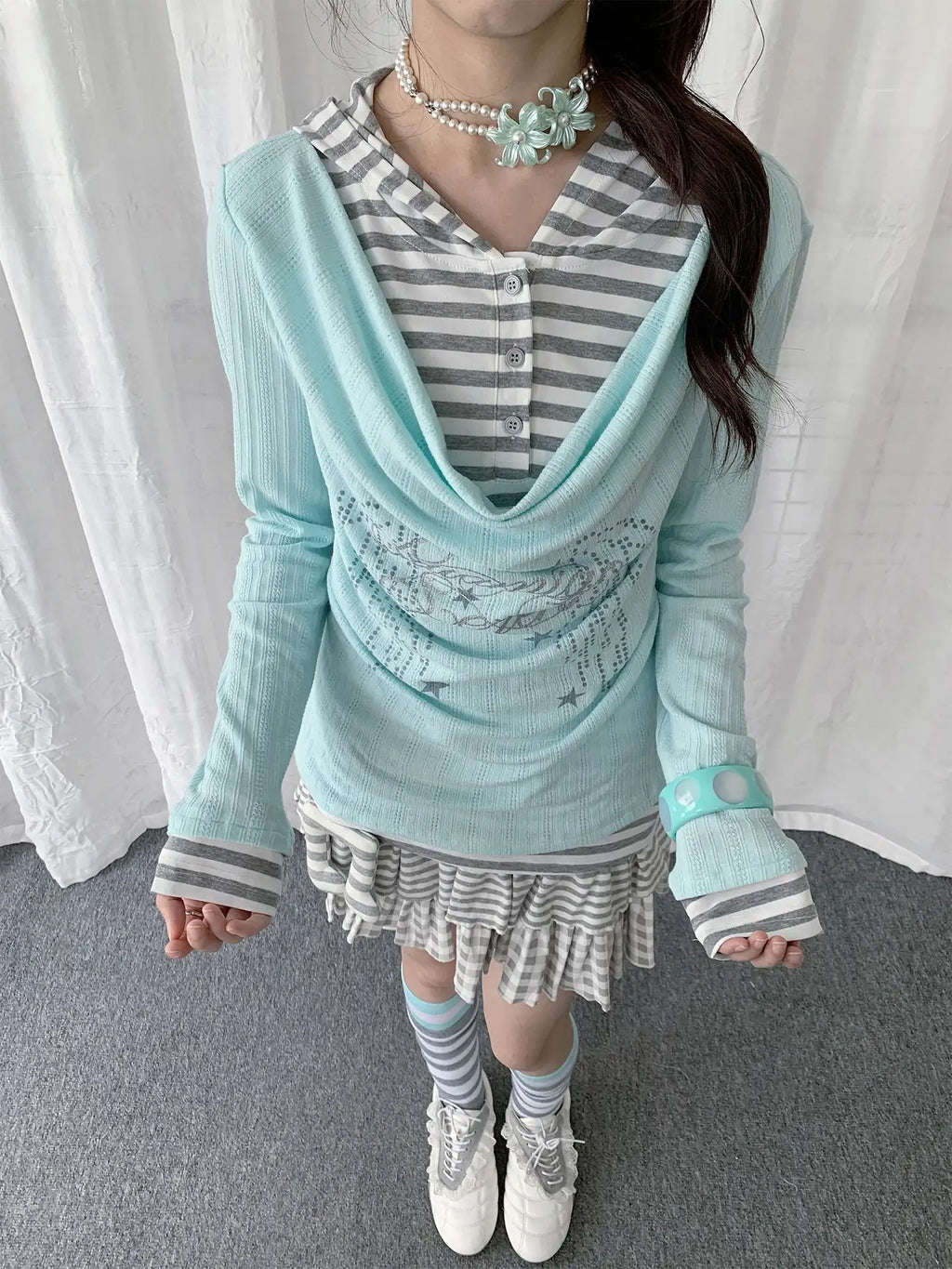 Layered Stripe Cowl Neck Long Sleeve Tee OL2385
