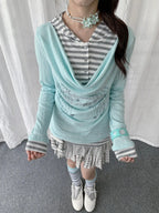 Layered Stripe Cowl Neck Long Sleeve Tee OL2385