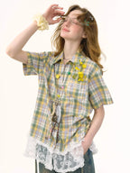 Plaid Lace Patchwork Short Sleeve Shirt OL2261