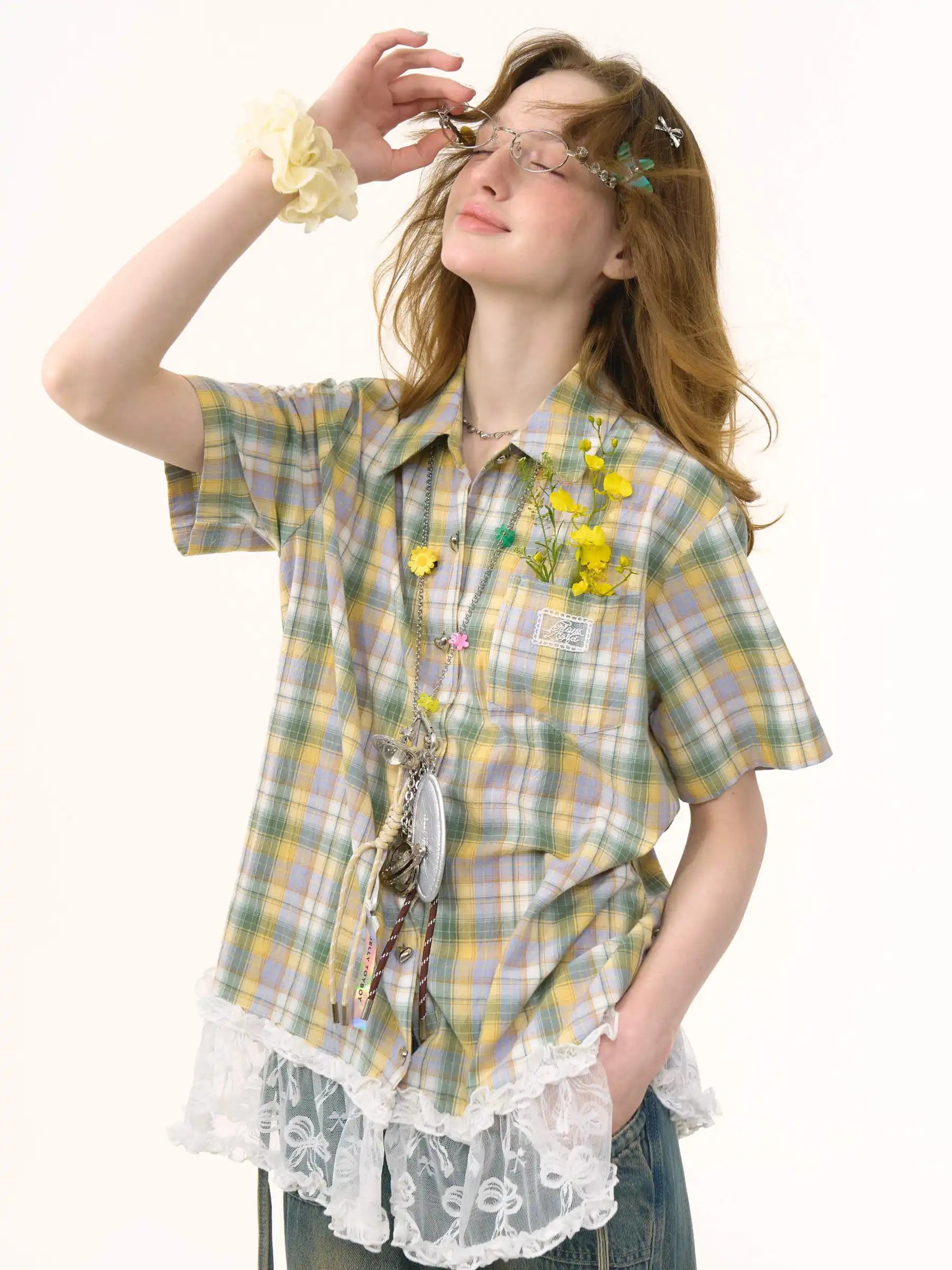 Plaid Lace Patchwork Short Sleeve Shirt OL2261