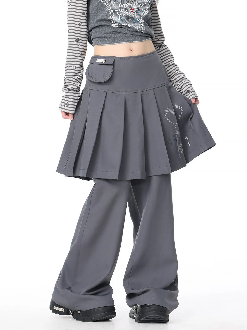 Pleated Skirt Layered Flare Pants OL2412