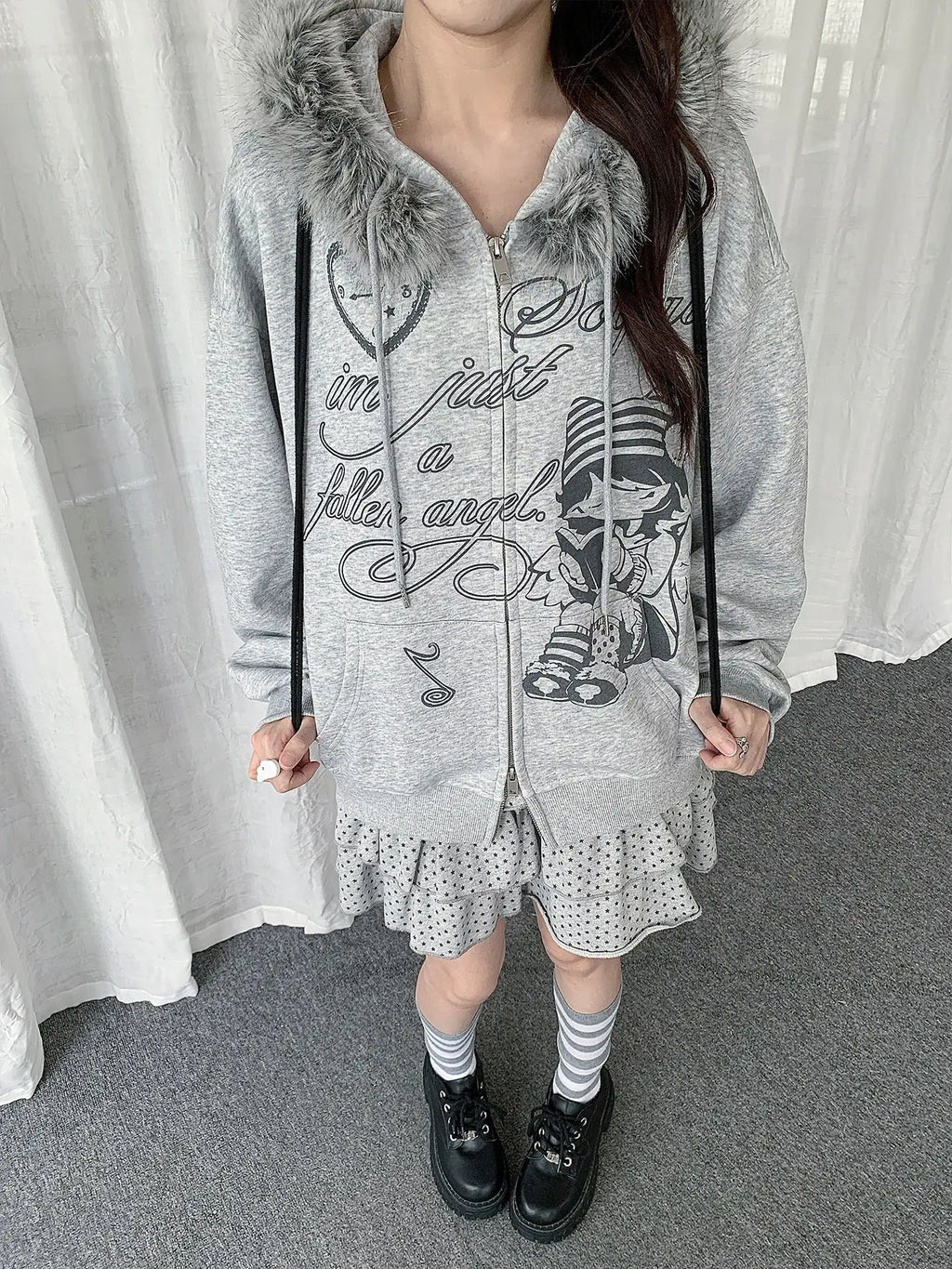 걸 그래픽 퍼 칼라 후드 가디건 OL2433