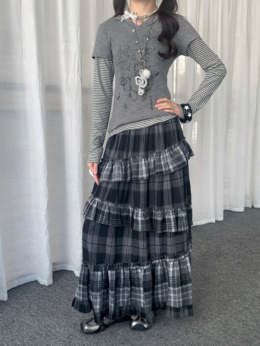 Asymmetrical Plaid Ruffle Skirt OL2437